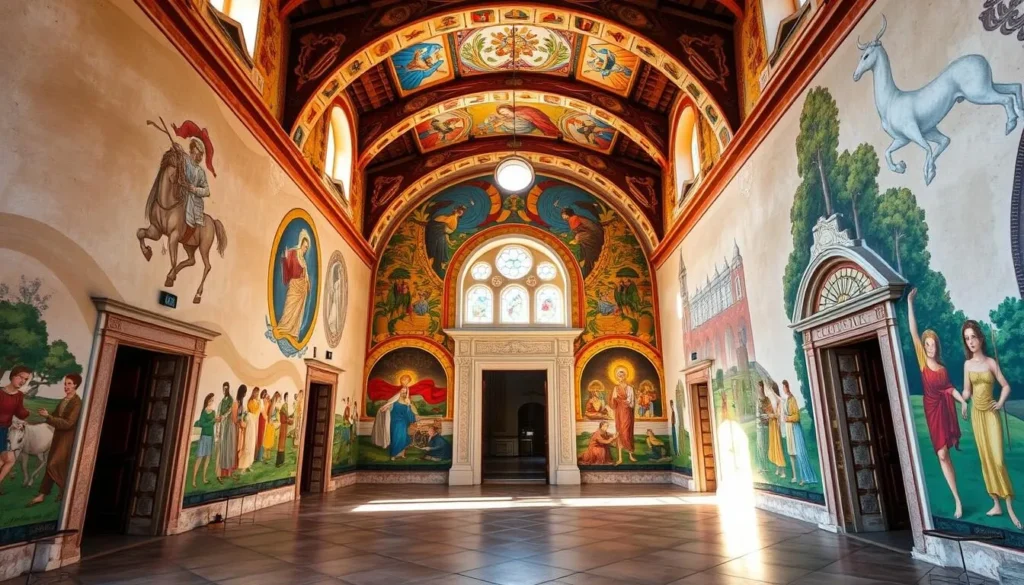 Generate an image of Mission San Luis Rey's stunning architecture, highlighting its hand-painted walls and murals.
