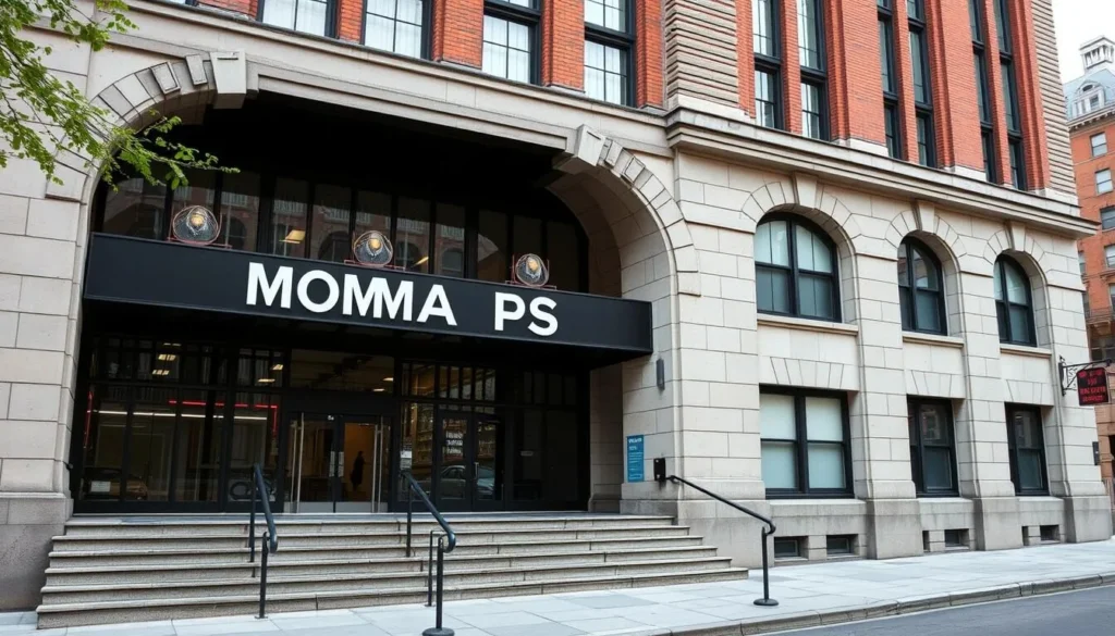 Generate an image of MoMA PS1's exterior, showcasing its historic building facade.