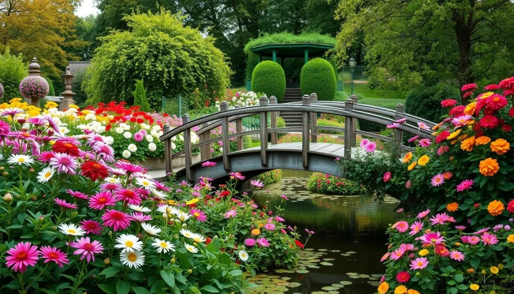 Generate an image of Monet's garden at Giverny, featuring the Japanese bridge and blooming flowers.