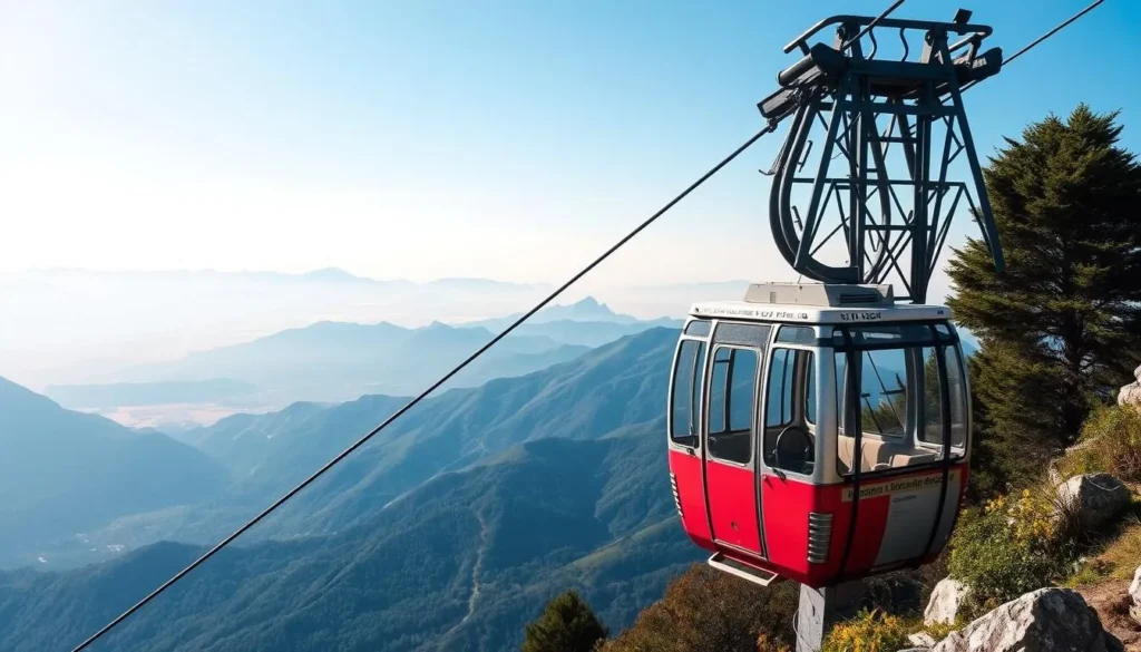 Generate an image of Mont Faron with the Téléphérique du Mont Faron cable car in the foreground.