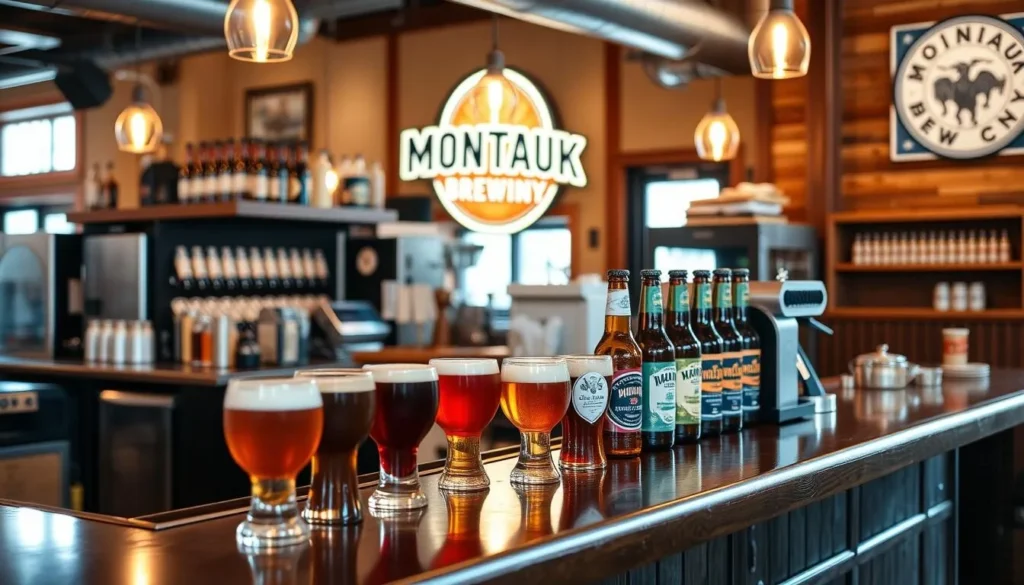 Generate an image of Montauk Brewing Company's tasting room with a selection of craft beers.