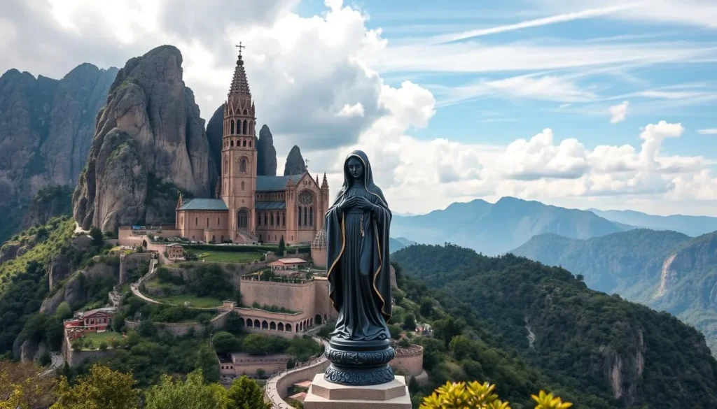 Generate an image of Montserrat Monastery perched on a mountain with the Black Madonna statue in the foreground.