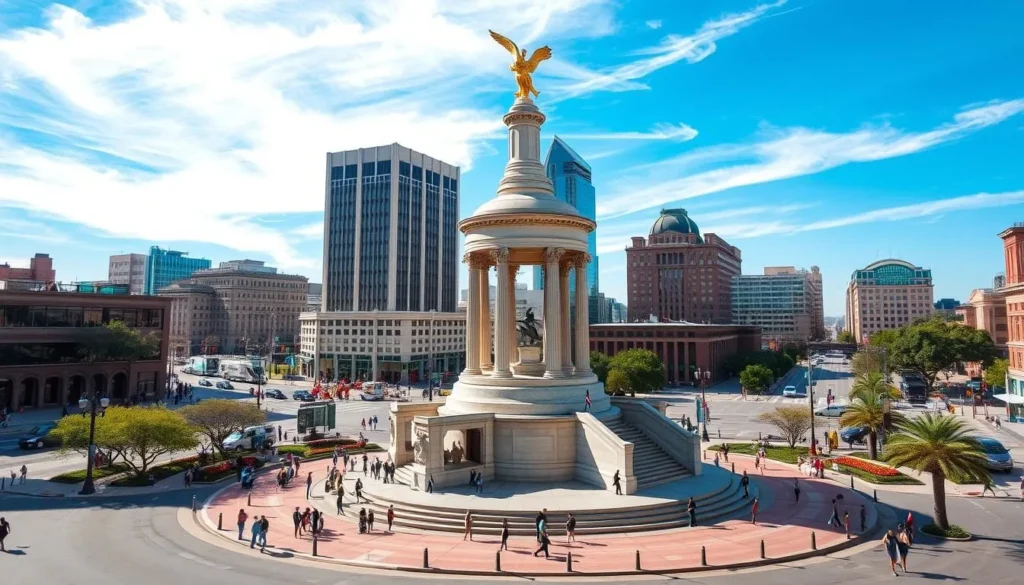 Generate an image of Monument Circle in Indianapolis, featuring the Soldiers and Sailors Monument.