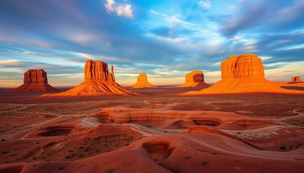 Generate an image of Monument Valley at sunset, with the iconic rock formations glowing in the golden light.