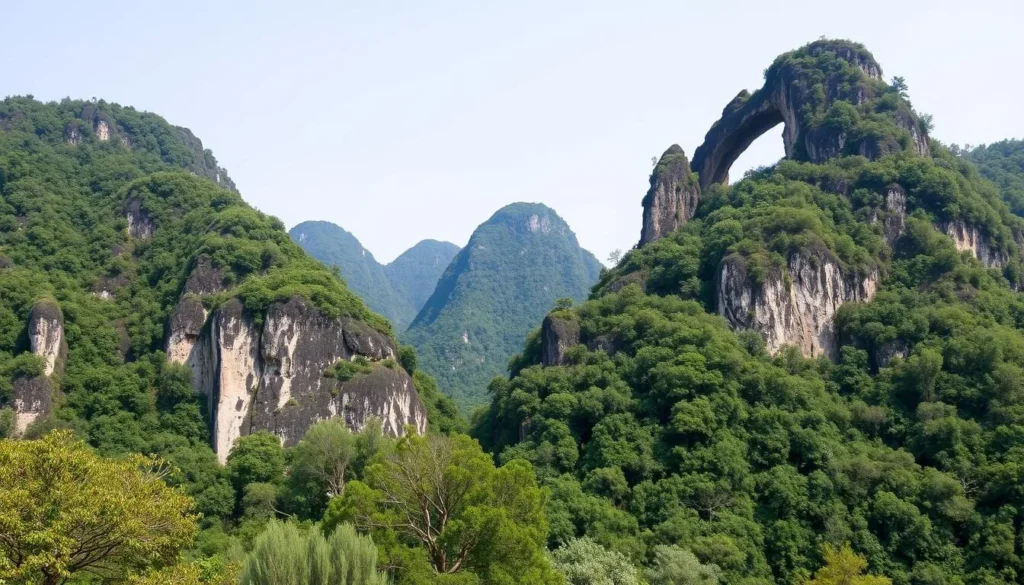 Generate an image of Moon Hill in Yangshuo, China, showcasing its unique arch-shaped peak.