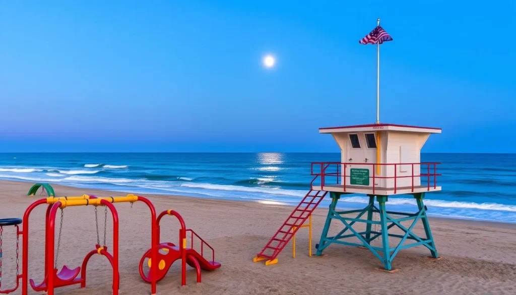 Generate an image of Moonlight State Beach with its lifeguard tower and playground.
