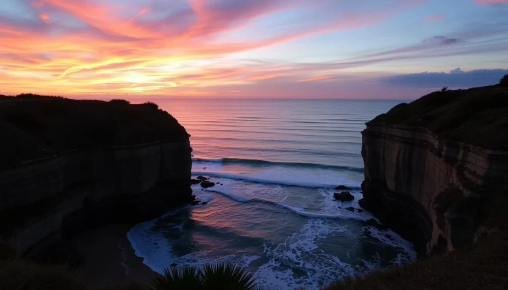 Generate an image of Morgan's Bluff at sunset with the "Tongue of the Ocean" in the background. Generate an image of Morgan's Bluff at sunset with the "Tongue of the Ocean" in the background.