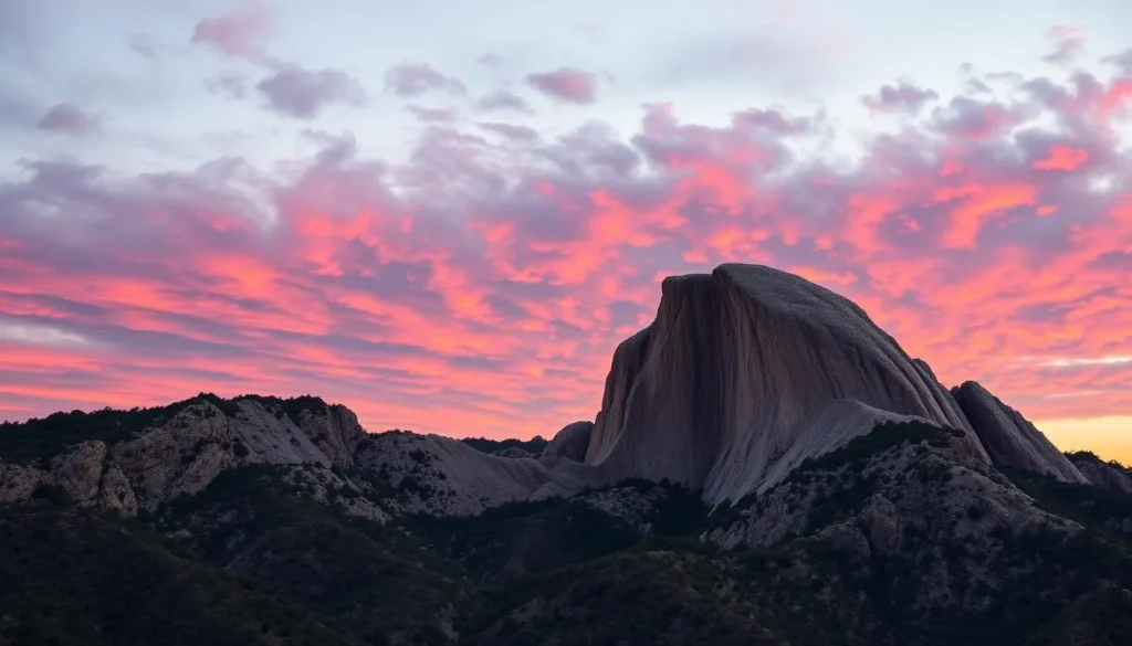 Generate an image of Moro Rock at sunset with a vibrant sky.