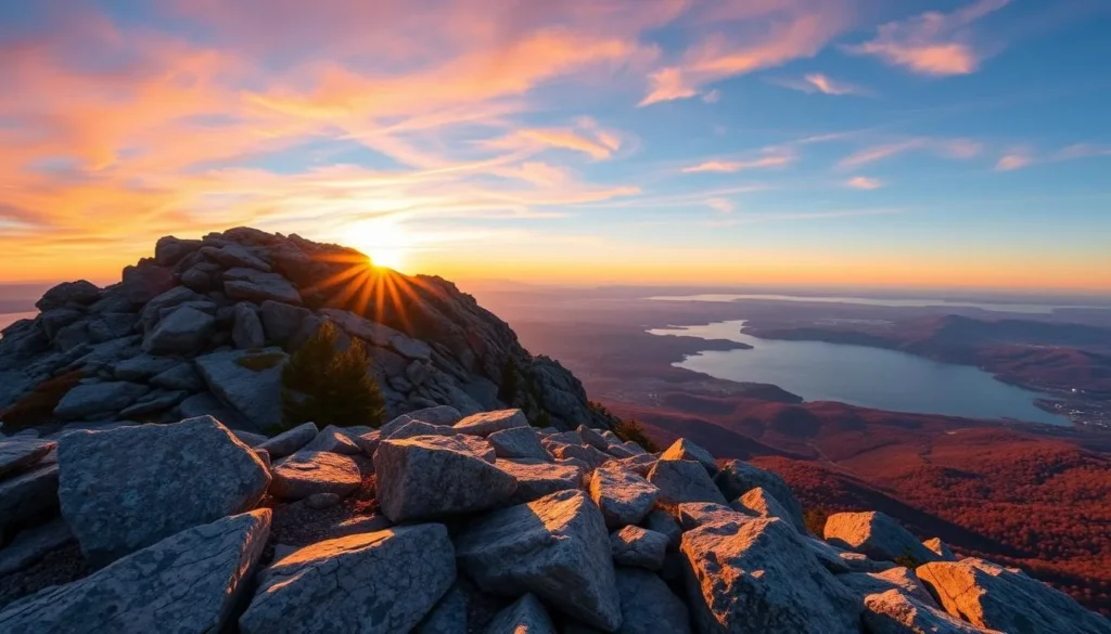 Generate an image of Mount Agamenticus summit with panoramic views of the coastline and surrounding landscape.