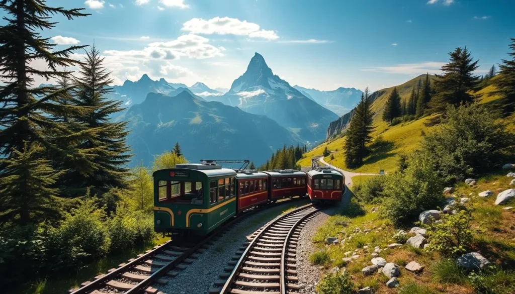 Generate an image of Mount Pilatus with a cogwheel train ascending to the top