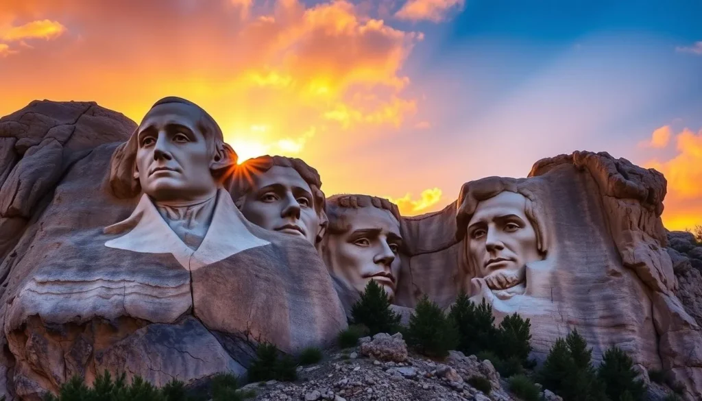 Generate an image of Mount Rushmore National Memorial at sunrise with the presidential faces illuminated.