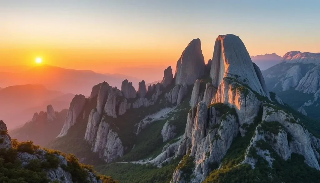 Generate an image of Mount Sanqing National Park's granite peaks at sunrise.