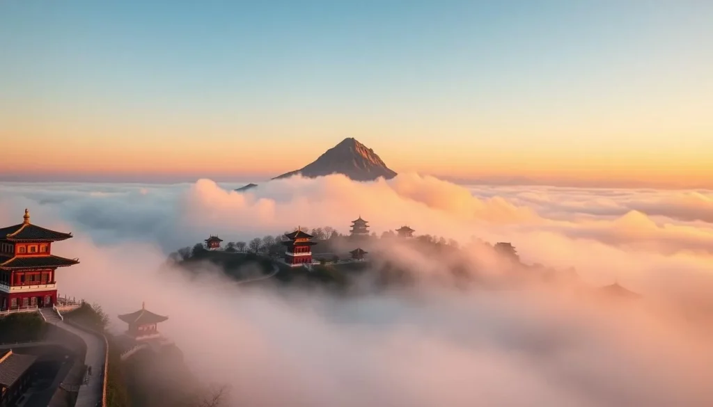 Generate an image of Mount Tai's majestic peak at sunrise, with mist swirling around the ancient temples.