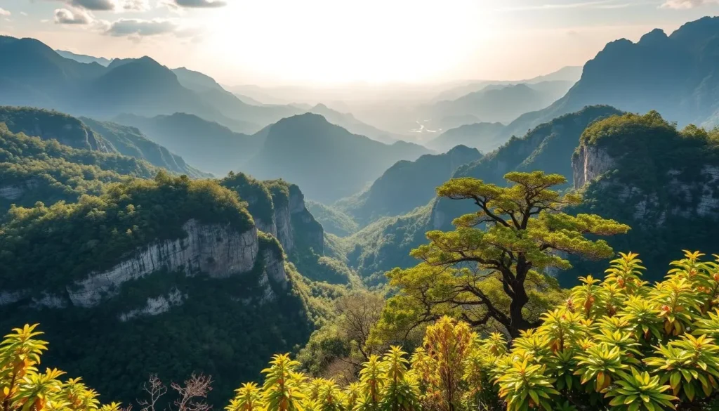 Generate an image of Mount Yi National Forest Park with rare plant species and panoramic views.