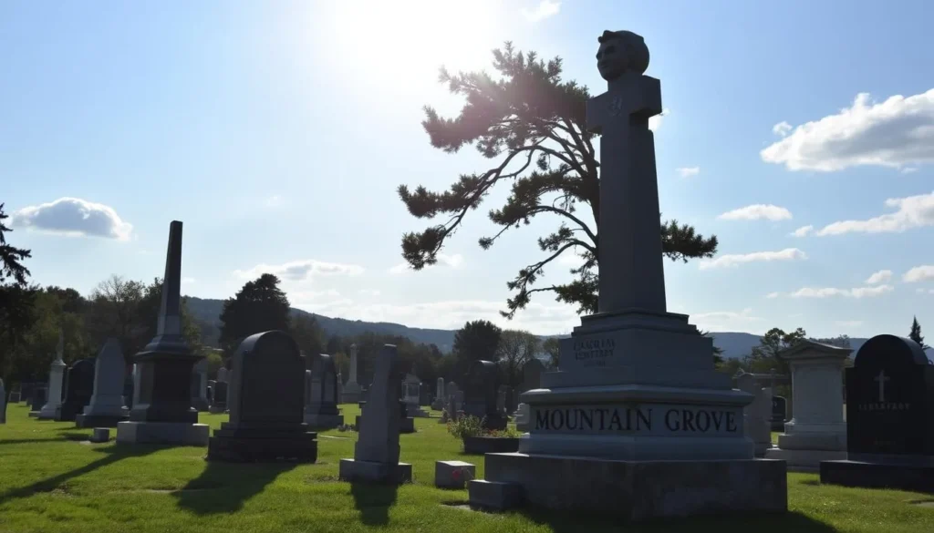 Generate an image of Mountain Grove Cemetery, highlighting its serene atmosphere and notable graves.