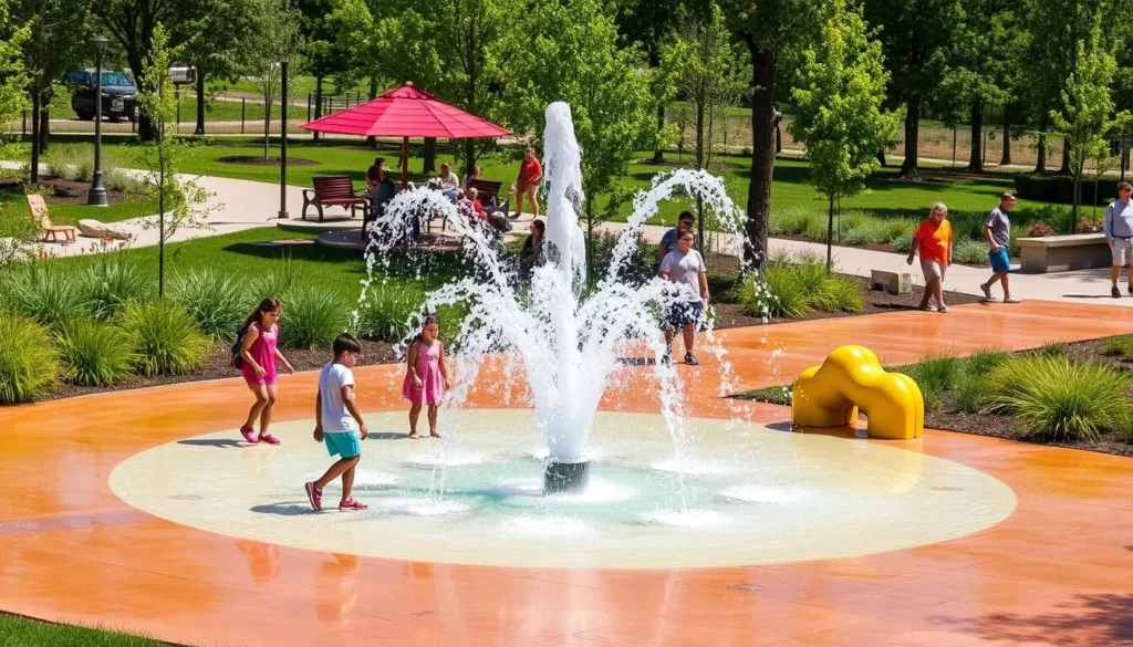 Generate an image of Mountain Hawk Park's interactive water feature.