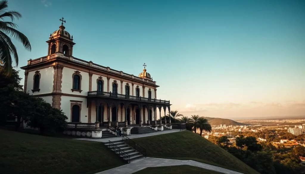 Generate an image of Museo Castillo Serrallés, a Spanish Revival mansion perched on a hill overlooking Ponce, Puerto Rico.