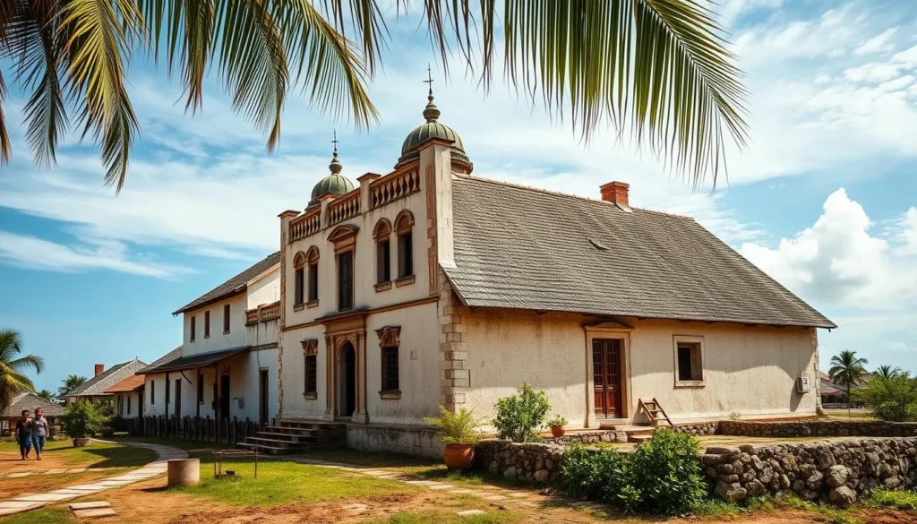 Generate an image of Mutsamudu town on Anjouan Island, showcasing its 17th-century Swahili-Shirazi architecture.