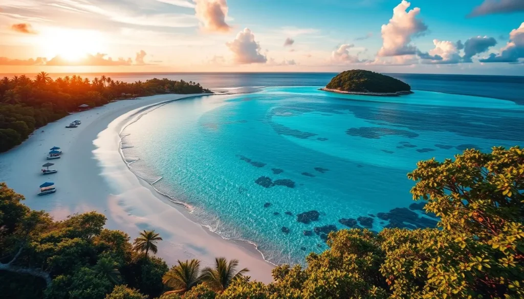 Generate an image of Mystery Island, showcasing its pristine white sand beaches and crystal-clear waters.
