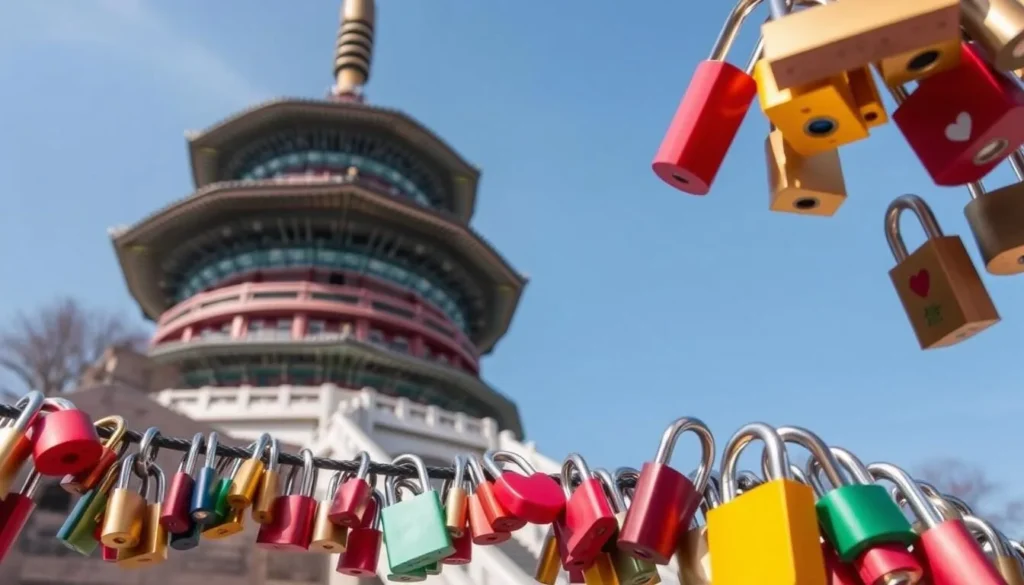 Generate an image of N Seoul Tower with love locks in the foreground.
