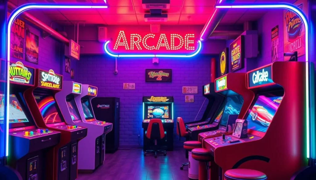 Generate an image of NEON Retro Arcade, highlighting its classic games and nostalgic atmosphere.