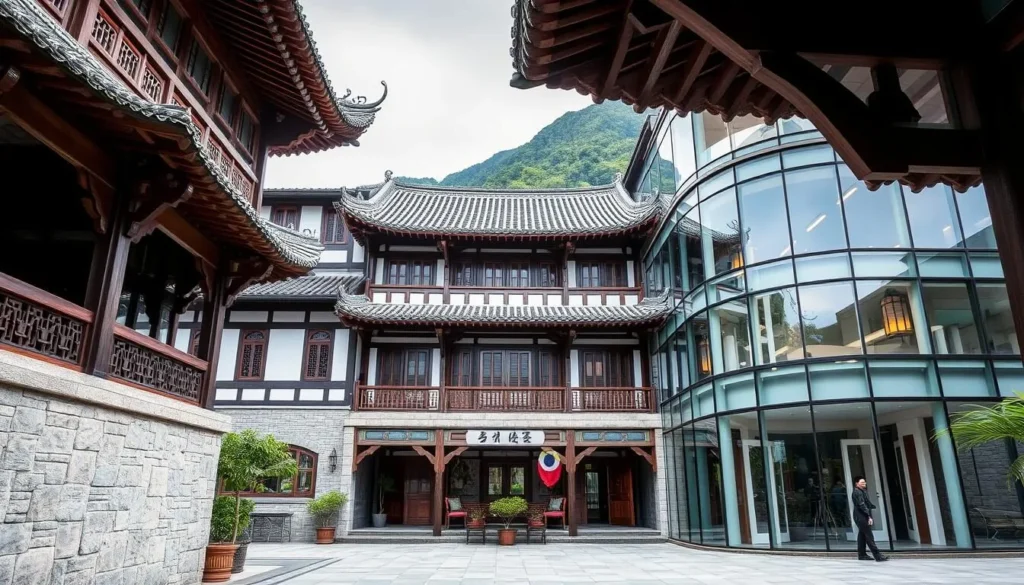 Generate an image of Nantou Ancient Village, showcasing its blend of historical and modern architecture.