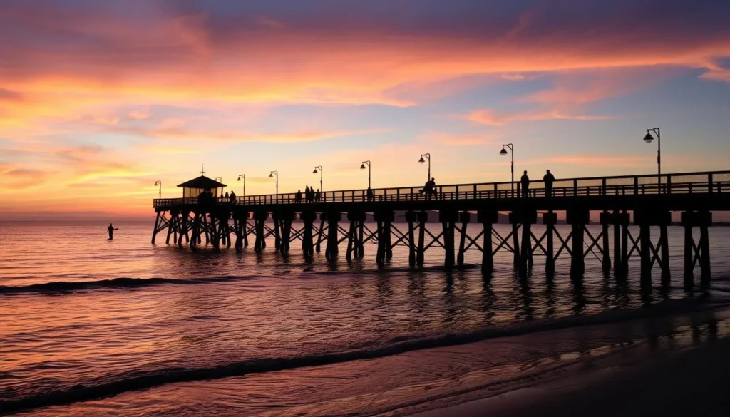 Generate an image of Naples Pier at sunset with fishermen in the distance.