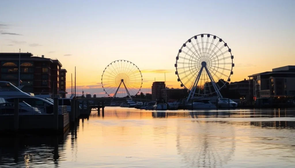 Generate an image of National Harbor's waterfront with the Capital Wheel in the background.