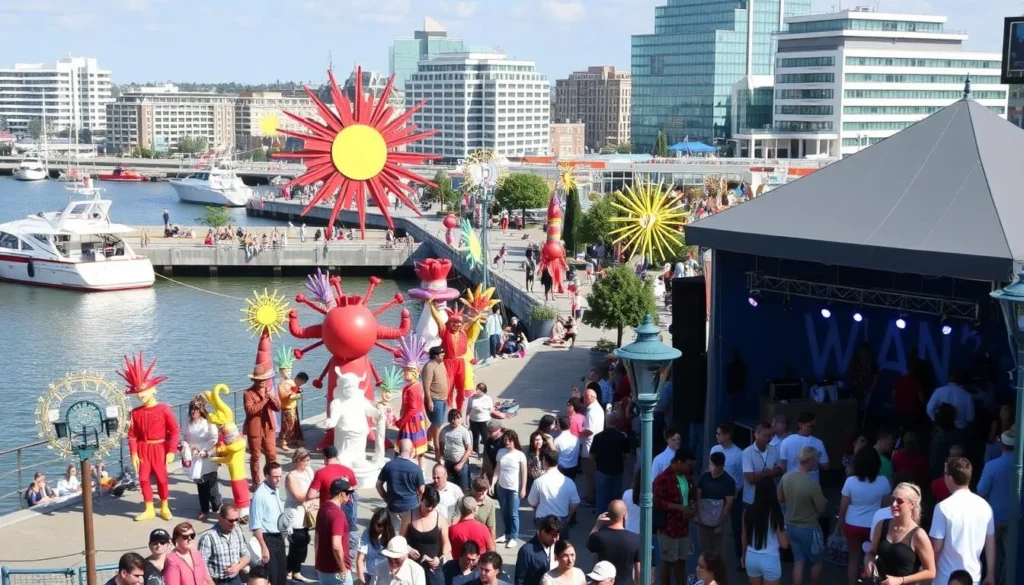 Generate an image of National Harbor's waterfront with various art installations and cultural performances.