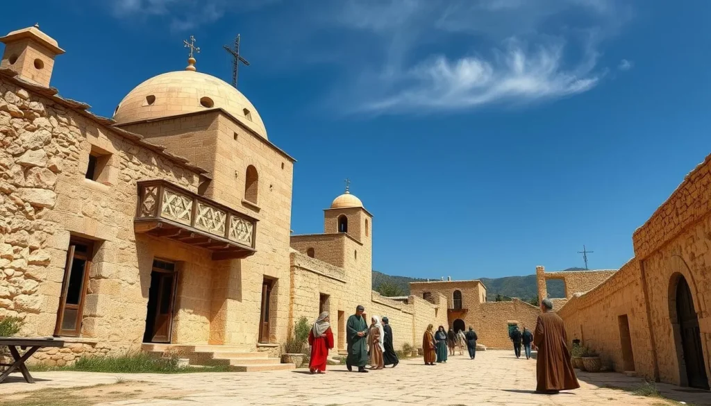 Generate an image of Nazareth Village with ancient architecture and people dressed in traditional clothing.