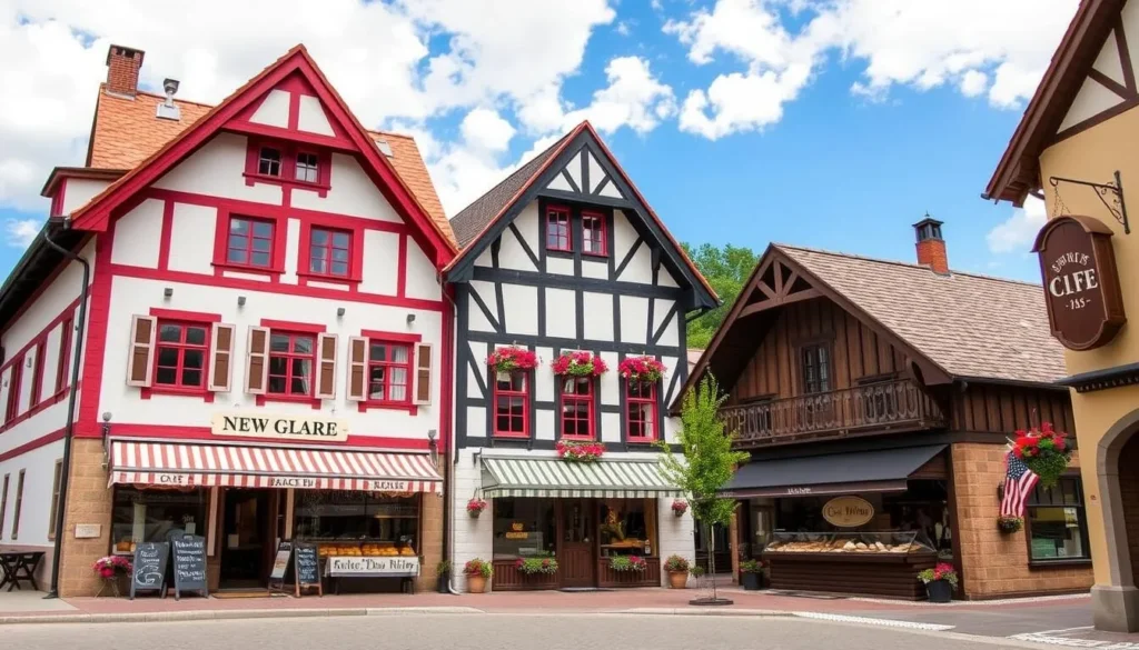 Generate an image of New Glarus's distinctive Swiss architecture and bakeries.