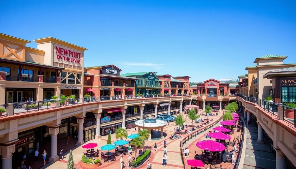 Generate an image of Newport on the Levee entertainment complex with its multi-level retail, dining, and entertainment options.