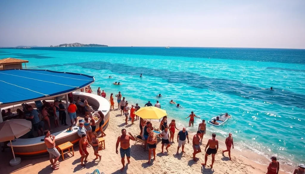 Generate an image of Nissi Beach in Ayia Napa, showing its turquoise waters and lively beach bars. Generate an image of Nissi Beach in Ayia Napa, showing its turquoise waters and lively beach bars.
