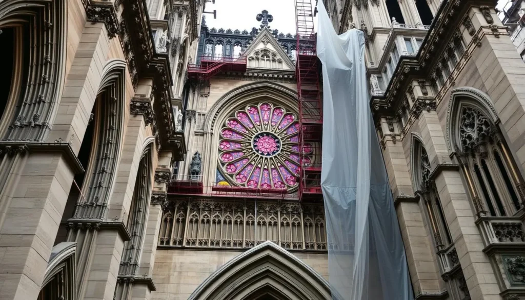 Generate an image of Notre-Dame Cathedral during its restoration, highlighting the intricate stone carvings and the rose stained-glass windows.