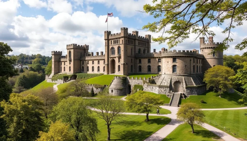 Generate an image of Nottingham Castle with its impressive architecture and surrounding grounds.