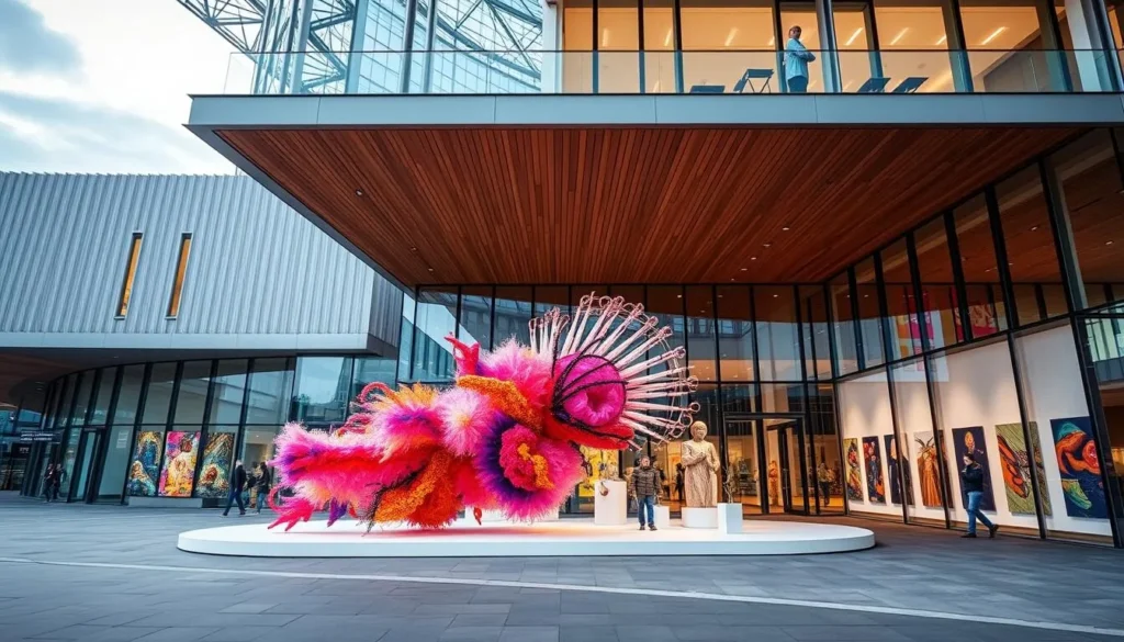 Generate an image of Nottingham Contemporary's modern architecture with a vibrant art installation on display.