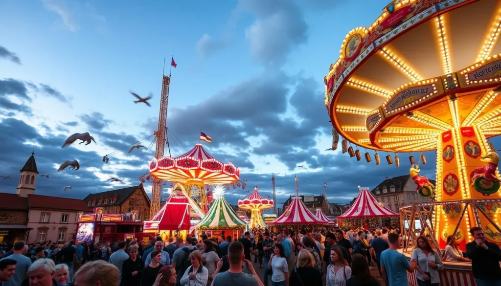 Generate an image of Nottingham's Goose Fair with thrilling rides and entertainment.