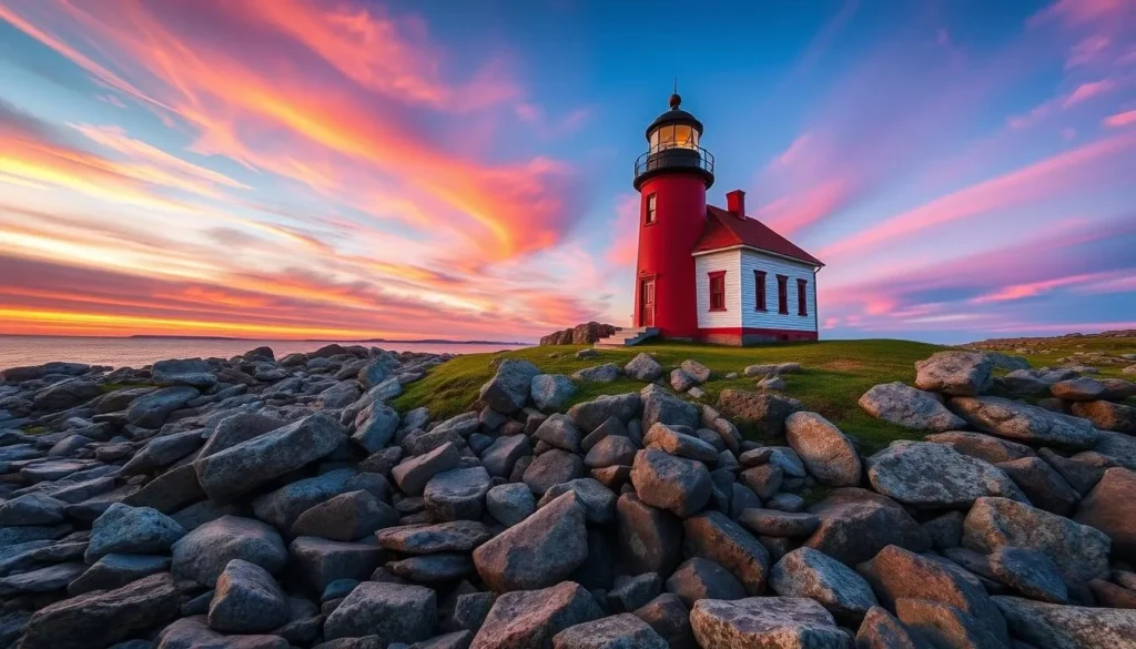 Generate an image of Nubble Lighthouse in York, Maine, with its iconic red base and picturesque surroundings.
