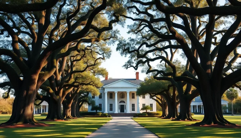 Generate an image of Oak Alley Plantation's Greek Revival mansion surrounded by 28 historic oaks. Generate an image of Oak Alley Plantation's Greek Revival mansion surrounded by 28 historic oaks.
