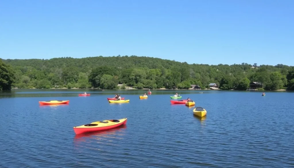 Generate an image of Oak Mountain State Park's main lake with a few kayaks and paddleboats.
