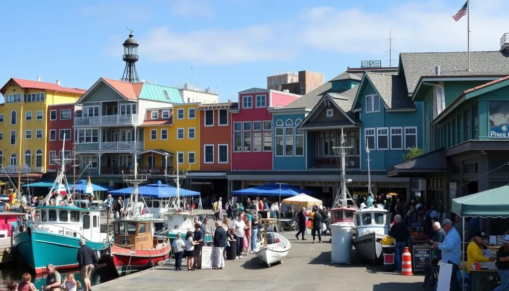 Generate an image of Old Fisherman's Wharf with its colorful buildings and bustling atmosphere.