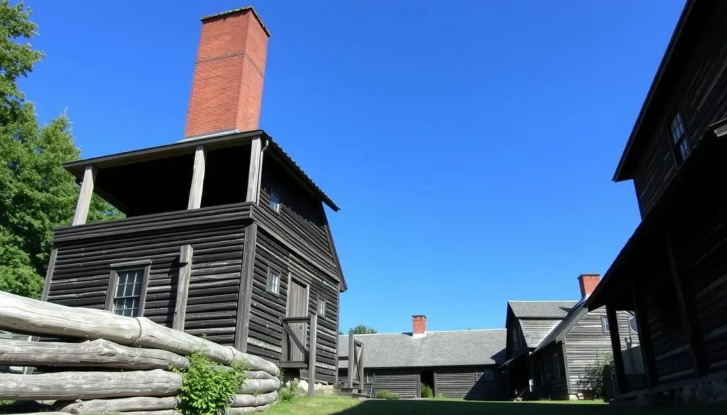 Generate an image of Old Fort Western in Augusta, Maine, showcasing its historic wooden structures and colonial-era architecture.