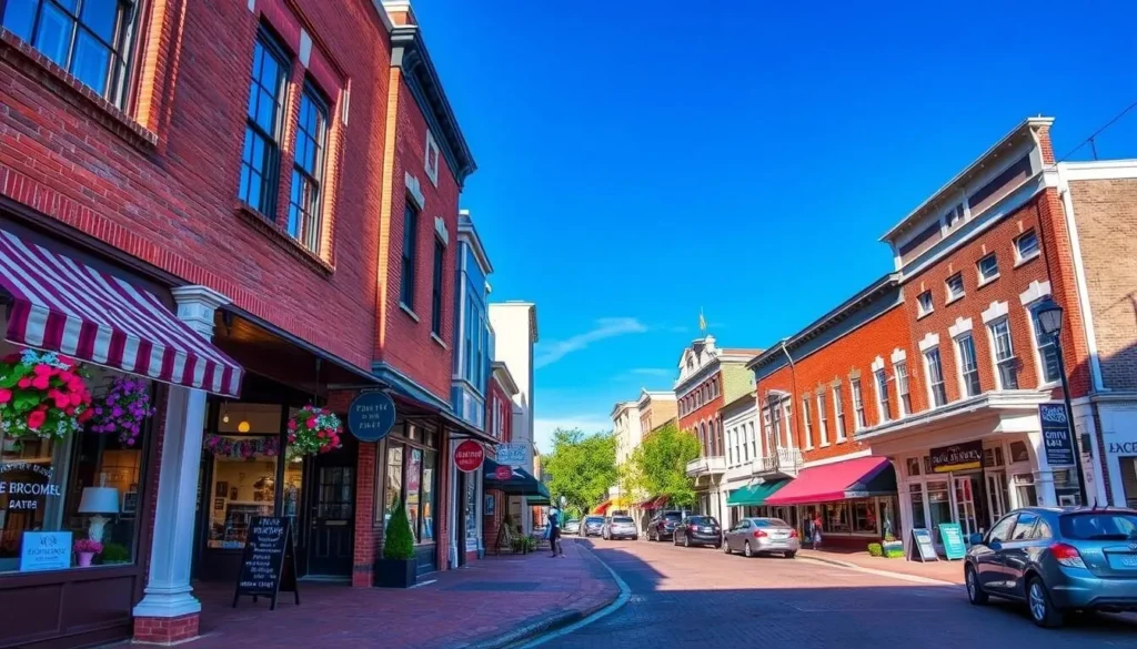 Generate an image of Old Town Rock Hill's charming streets lined with boutique shops and historic buildings.