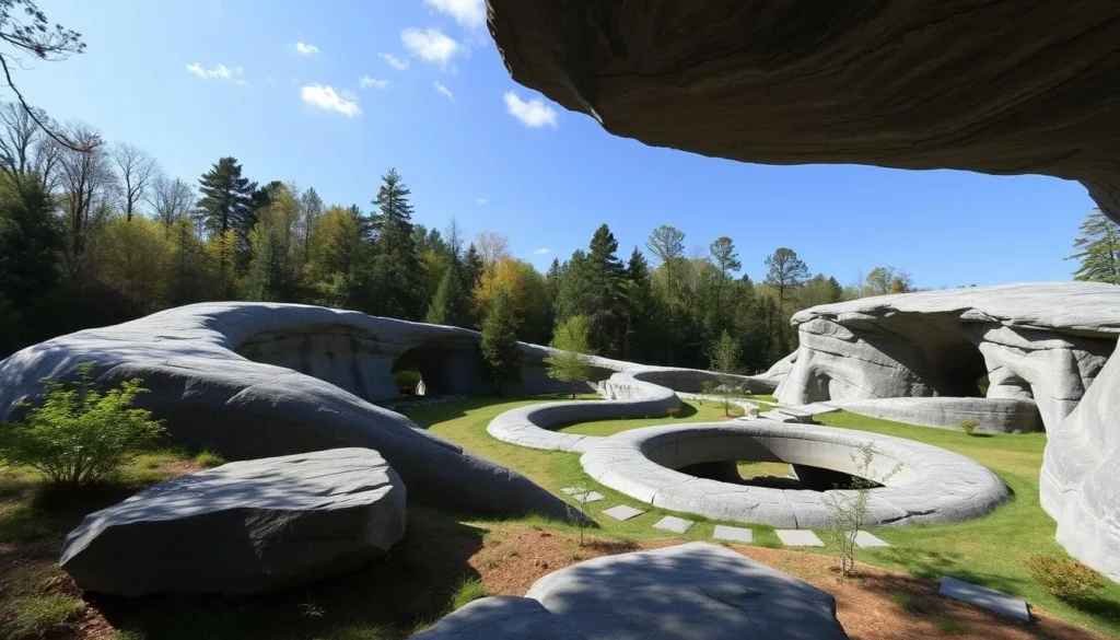 Generate an image of Opus40 Sculpture Park's 6.5-acre bluestone masterpiece with serpentine earthworks and surrounding forests.