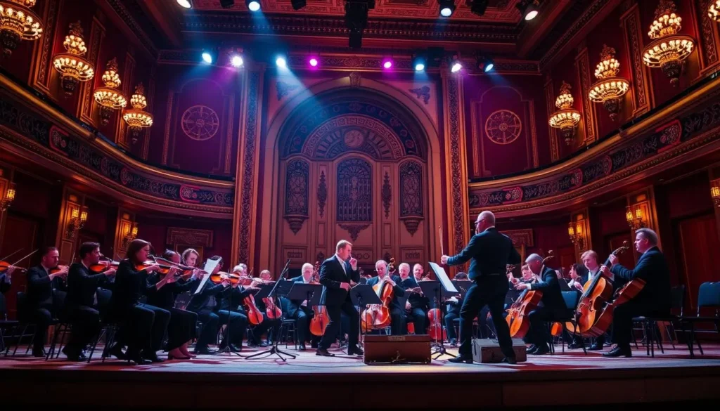 Generate an image of Orchestra Iowa performing at the Paramount Theater
