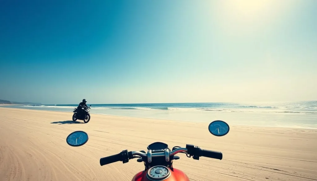 Generate an image of Oreti Beach with a motorcycle riding on the sand.