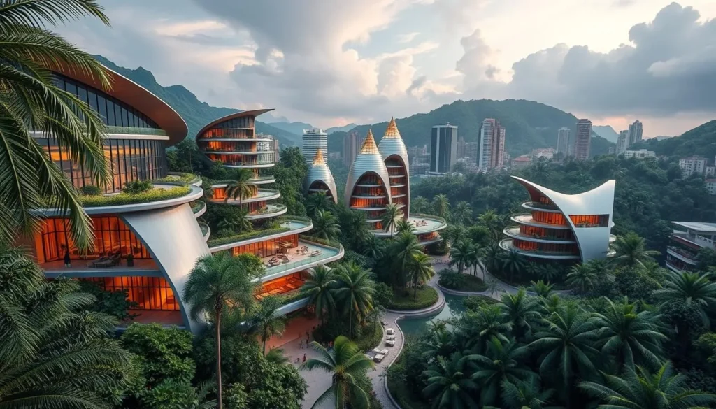 Generate an image of Oyala's cityscape with modern architecture amidst the jungle.