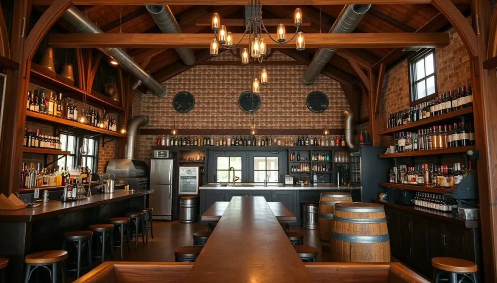 Generate an image of Painted Stave Distillery's interior, showcasing their unique spirits and tasting area.