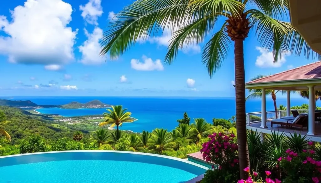 Generate an image of Palms Court Gardens with its lush gardens and infinity pool overlooking Basseterre.