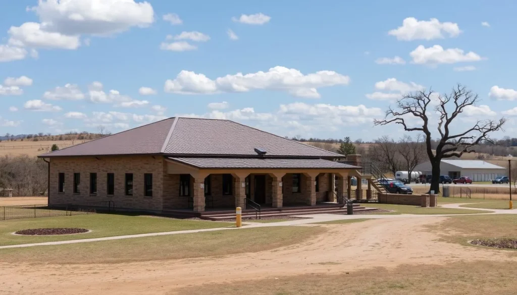 Generate an image of Palo Alto Battlefield National Historical Park's visitor center, surrounded by the historic battlefield landscape.